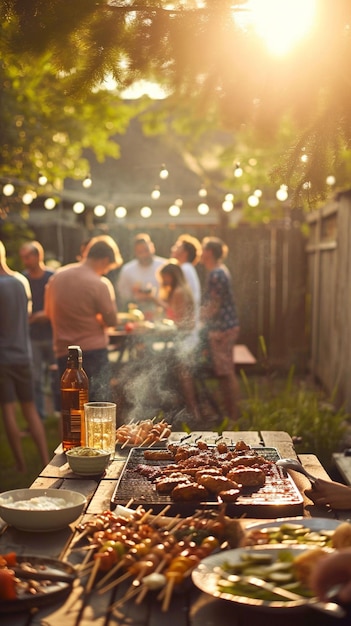 Eine Gruppe von Menschen, die mit Essen um einen Tisch stehen