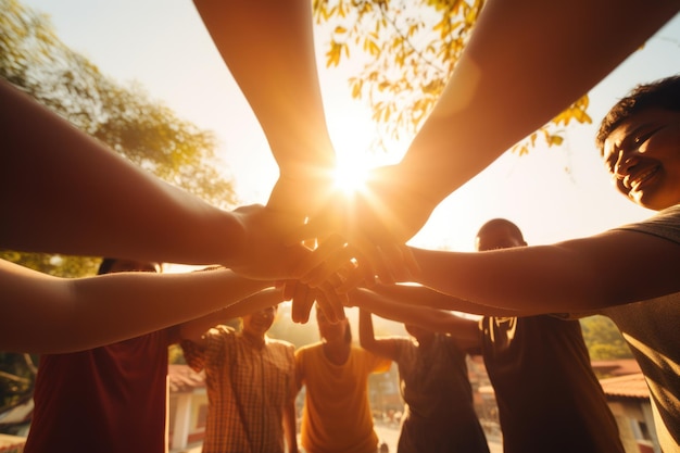 Eine Gruppe von Menschen, die sich an den Händen halten und einen Kreis der unterstützenden generativen KI bilden