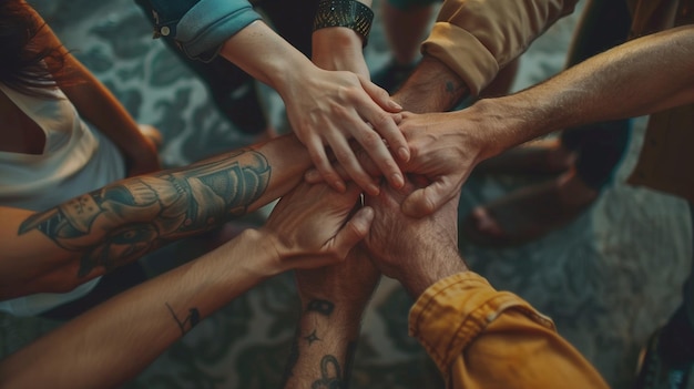 Eine Gruppe von Menschen, die sich die Hände stapeln, um Einheit und Teamarbeit zu zeigen