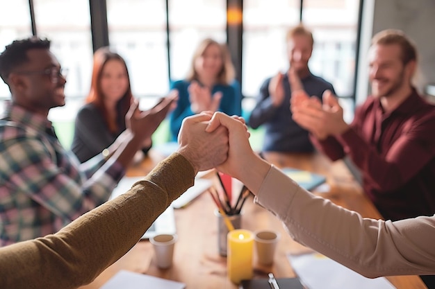 Foto eine gruppe von menschen, die sich in einem konferenzraum an die hand halten