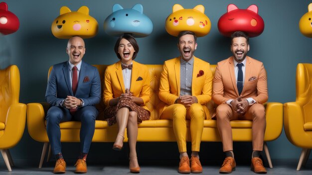 Eine Gruppe von Menschen, die sich über Geschäftsleute freuen, sitzt auf einer gelben Couch mit einem lustigen Hut