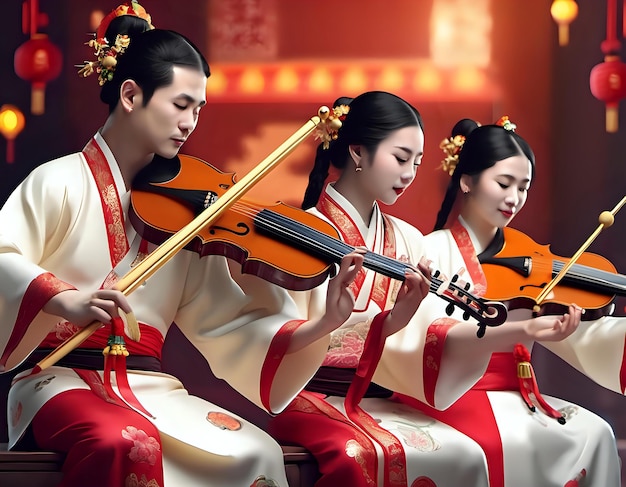 Eine Gruppe von Menschen, die traditionelle chinesische Musikinstrumente spielen