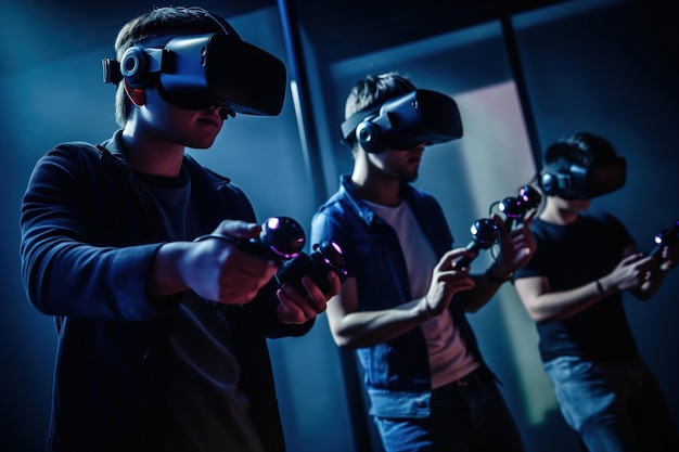 Eine Gruppe von Menschen, die Virtual-Reality-Brillen tragen und generative KI-Spiele spielen