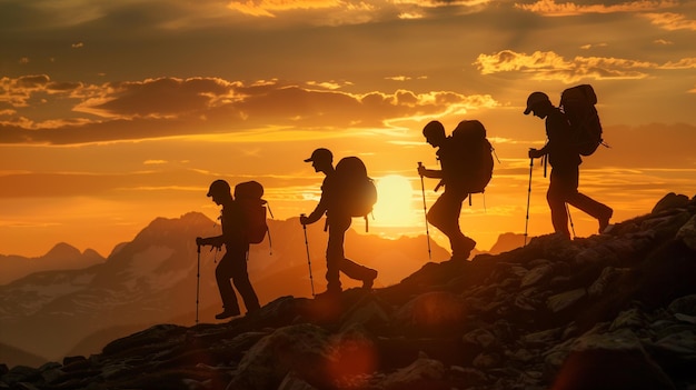 eine Gruppe von Menschen, die vor einem Berg mit einer Sonne im Hintergrund laufen