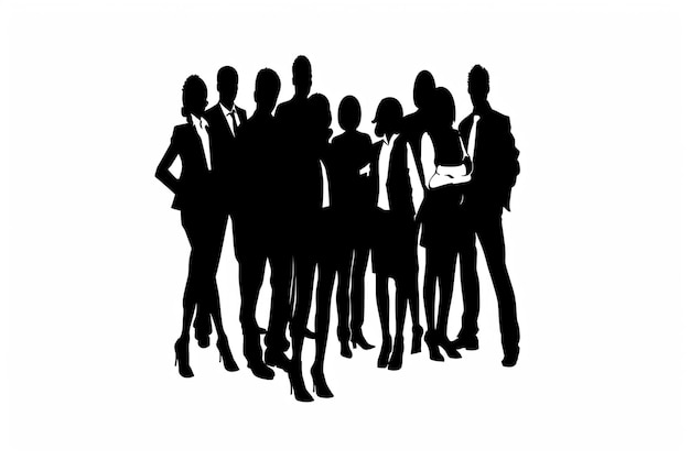 eine Gruppe von Menschen, die vor einem weißen Hintergrund mit einem Foto eines Mannes und einer Frau stehen