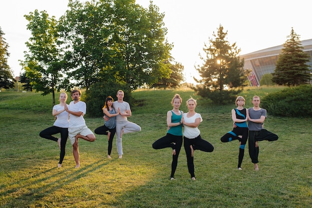 Eine Gruppe von Menschen, die Yoga im Park machen