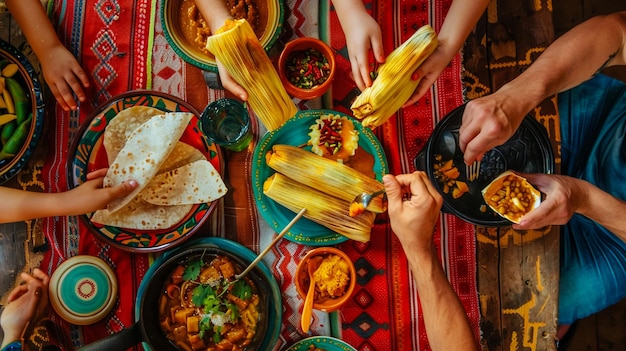 Eine Gruppe von Menschen, die zusammen an einem Tisch im Innenraum einen Brunch essen, sieht von oben aus