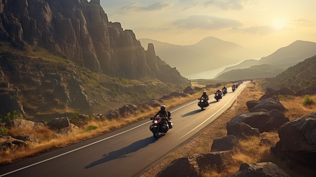 Eine Gruppe von Menschen fährt mit Motorrädern eine Straße entlang