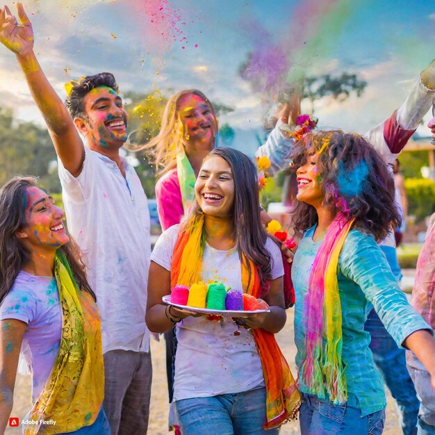 eine Gruppe von Menschen feiert mit Regenbogenfarben