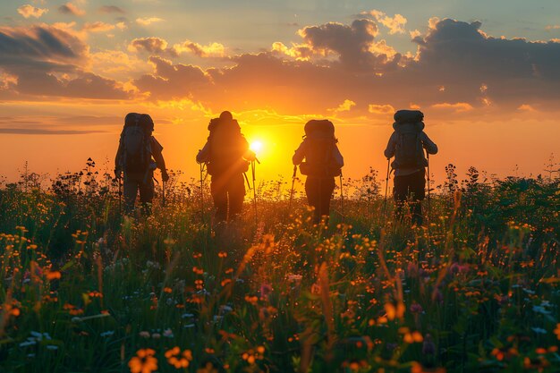 Eine Gruppe von Menschen geht bei Sonnenuntergang durch ein Feld