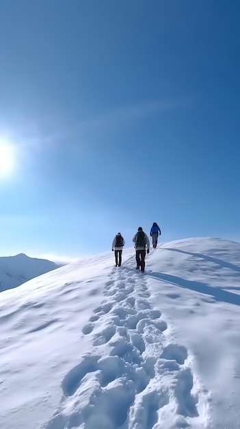 Eine Gruppe von Menschen geht einen verschneiten Berg hinauf, während die Sonne auf sie scheint.