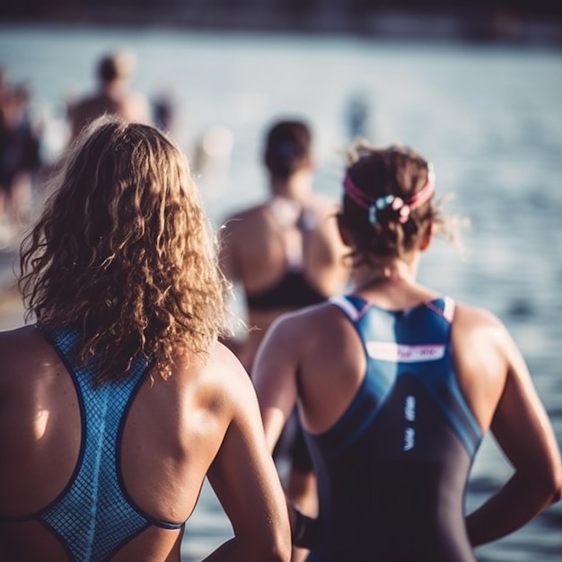 eine Gruppe von Menschen geht im Wasser mit der Nummer 4 auf dem Rücken