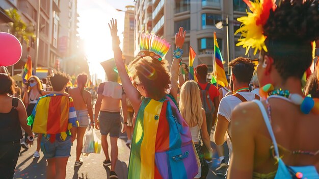 Eine Gruppe von Menschen geht in einer Parade die Straße entlang. Sie tragen alle bunte Kleidung und tragen Fahnen.