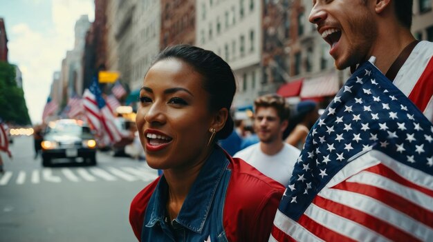 Eine Gruppe von Menschen geht mit amerikanischen Fahnen die Straße entlang