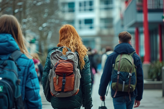 Foto eine gruppe von menschen geht mit rucksäcken eine stadtstraße entlang