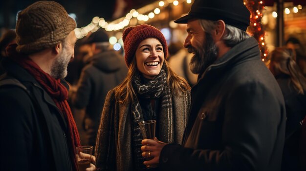 Eine Gruppe von Menschen genießt Glühwein auf einem Weihnachtsmarkt, der den Feiertag feiert Generative KI