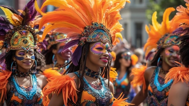 Eine Gruppe von Menschen in bunten Kostümen tanzt in einer Parade.