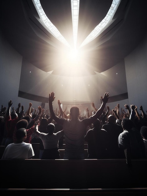 Foto eine gruppe von menschen in einem auditorium mit erhobenen armen.