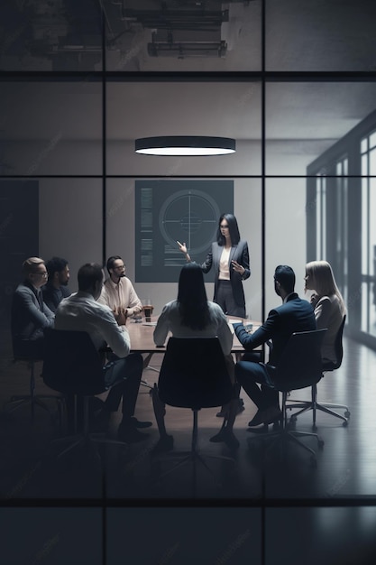 Eine Gruppe von Menschen in einem Besprechungsraum mit einer Tafel, auf der „Die Zukunft des Geschäfts“ steht.