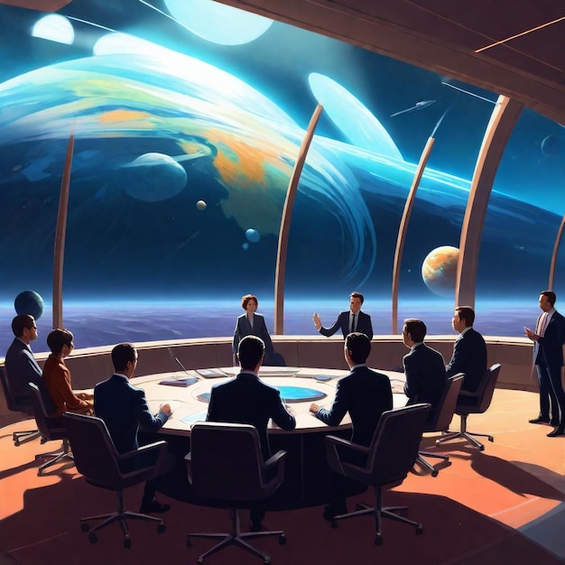 Foto eine gruppe von menschen in einem konferenzraum mit einem großen gemälde eines planeten im hintergrund