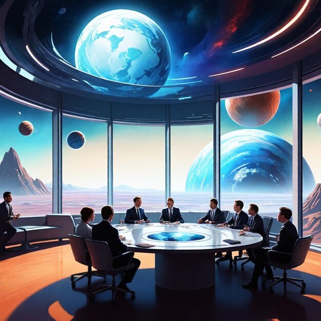 Foto eine gruppe von menschen in einem konferenzraum mit einem großen gemälde eines planeten im hintergrund