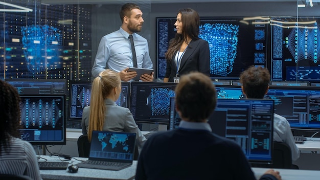 Eine Gruppe von Menschen in einem Kontrollraum mit Monitoren und einem Laptop