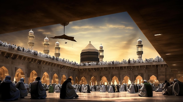 Eine Gruppe von Menschen in einer Moschee mit der Kaaba im Hintergrund Generative KI