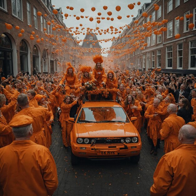 eine Gruppe von Menschen in orangefarbenen Outfits ist in einer Straße mit Ballons im Hintergrund versammelt