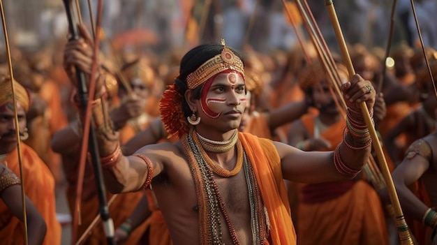 Eine Gruppe von Menschen in orangefarbener Kleidung mit einem Stock in der Hand und dem Wort Mahabalipuram auf der Unterseite.