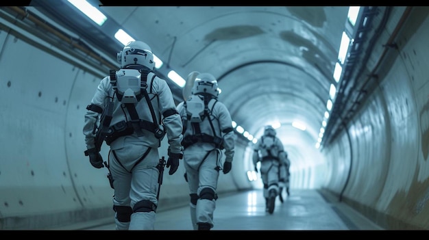eine Gruppe von Menschen in Raumanzügen, die durch einen Tunnel laufen