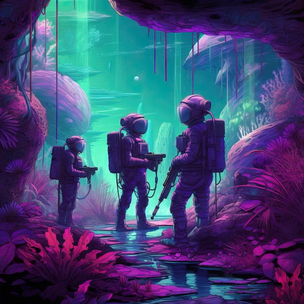 Eine Gruppe von Menschen in Raumanzügen steht in einer Höhle