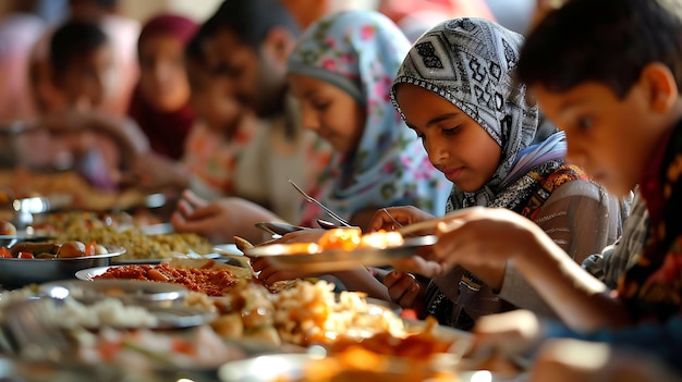 Eine Gruppe von Menschen isst zusammen eine Mahlzeit, die Menschen sitzen auf dem Boden und sie essen alle aus demselben Gericht.