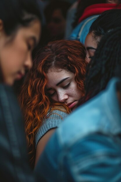 Foto eine gruppe von menschen ist um eine weinende frau herum versammelt