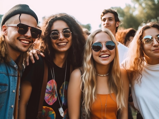 Eine Gruppe von Menschen lächelt und trägt eine Sonnenbrille und ein schwarzes T-Shirt mit der Aufschrift „Liebe“.