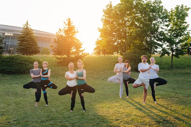 Eine gruppe von menschen macht bei sonnenuntergang yoga im park. gesunder lebensstil, meditation und wellness.