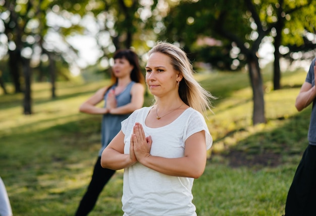 Eine Gruppe von Menschen macht Yoga im Park bei Sonnenuntergang. Gesunder Lebensstil, Meditation und Wellness.