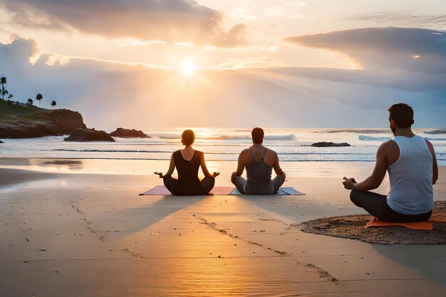 Eine Gruppe von Menschen meditiert bei Sonnenuntergang am Strand