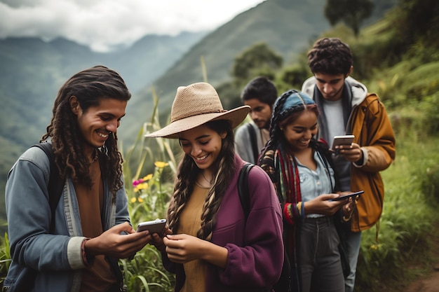 eine Gruppe von Menschen mit einem Telefon und einem Berg im Hintergrund