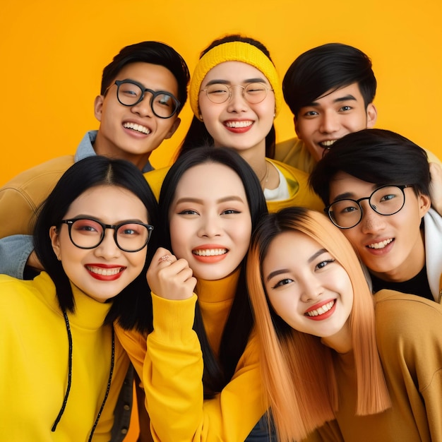 Eine Gruppe von Menschen mit gelben Hemden und Brillen posiert für ein Foto.