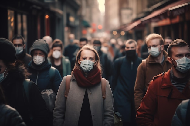 Eine Gruppe von Menschen mit Gesichtsmasken in einem überfüllten Bereich Generative KI