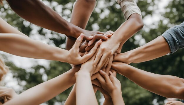 eine Gruppe von Menschen mit ihren Händen zusammen in einem Kreis, von denen einer sagt Hände