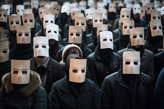 Foto eine gruppe von menschen mit masken, die das gesicht bedecken, alle menschen sind gleich protest