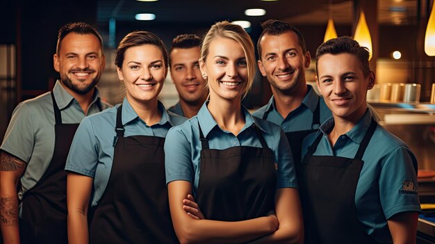 eine Gruppe von Menschen mit Schürzen, die in einer Reihe stehen, wobei einer von ihnen schwarze Schürze trägt