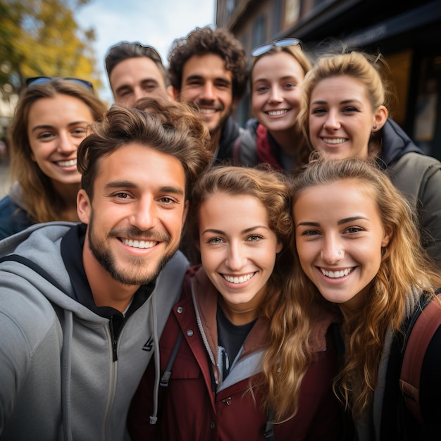 Eine Gruppe von Menschen posiert für ein Foto mit einem Mann, der einen Rucksack trägt