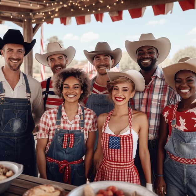 Eine Gruppe von Menschen posiert für ein Foto mit einer Frau, die einen Cowboyhut und eine rote und blaue Overall trägt