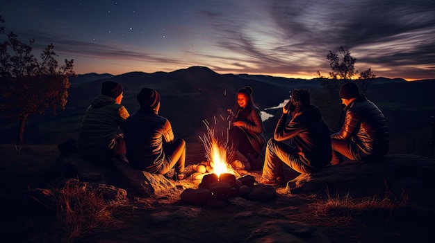 Eine Gruppe von Menschen sitzt am Lagerfeuer, die Sonne geht unter.