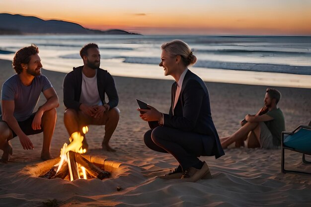 Foto eine gruppe von menschen sitzt am lagerfeuer und blickt auf das meer.