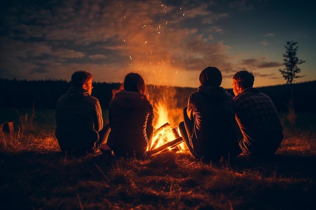 Eine Gruppe von Menschen sitzt am Lagerfeuer und blickt auf den Sonnenuntergang.