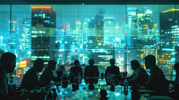 Eine Gruppe von Menschen sitzt an einem Tisch in einem Raum mit einem großen Bildschirm hinter ihnen.