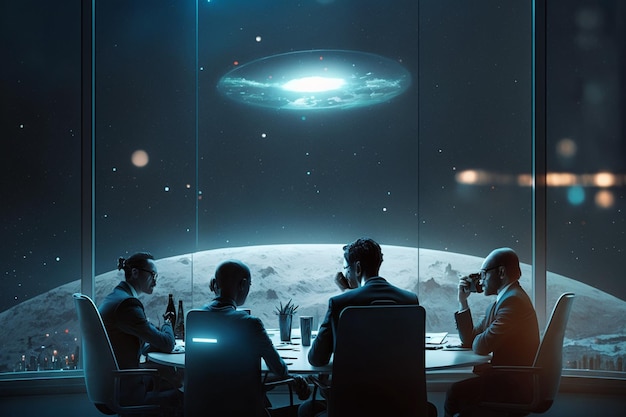 Eine Gruppe von Menschen sitzt an einem Tisch vor einem Planeten, über den ein Ufo fliegt.